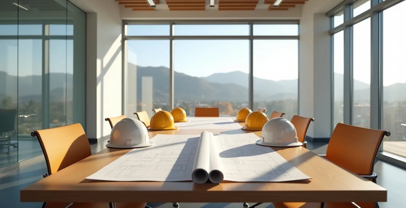 Modern conference room with architectural plans and partnership materials