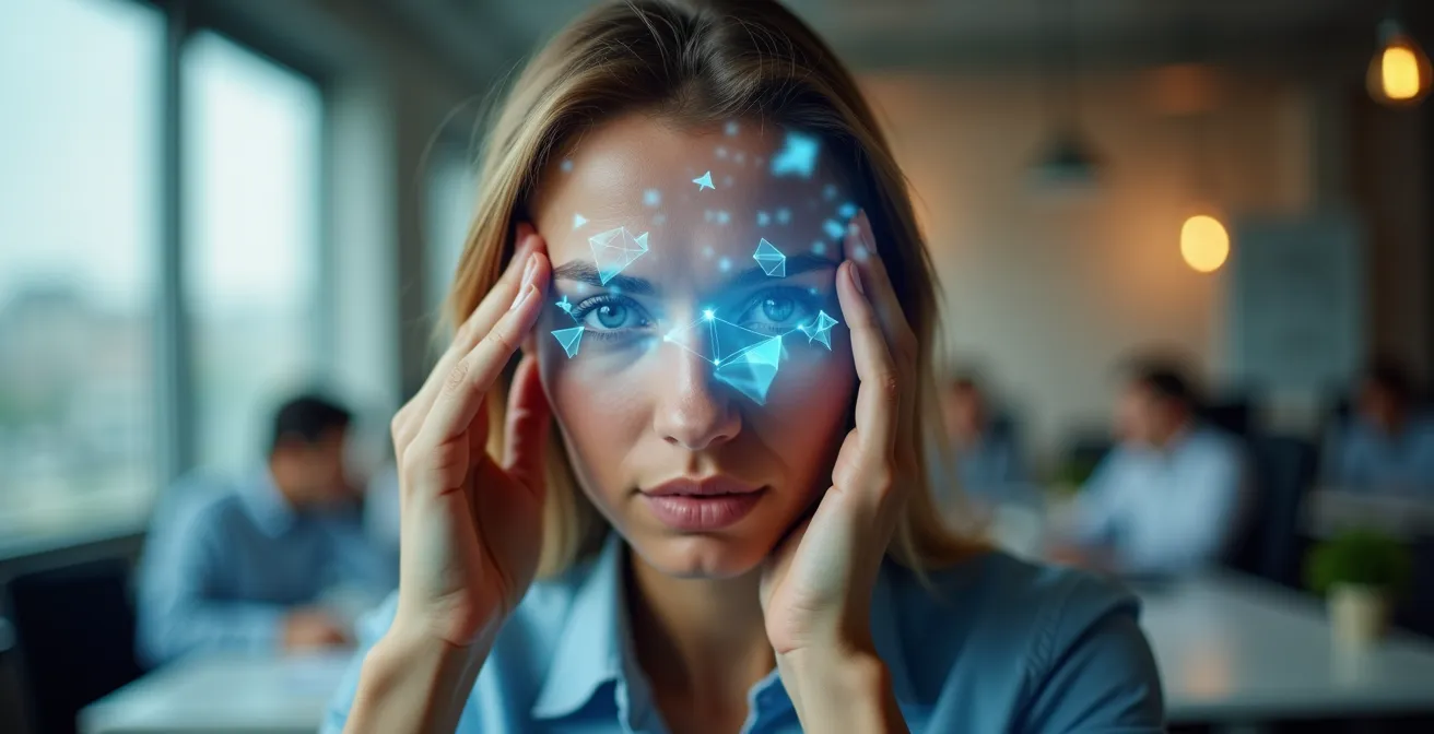 Close-up portrait showing the human impact of digital-age stress