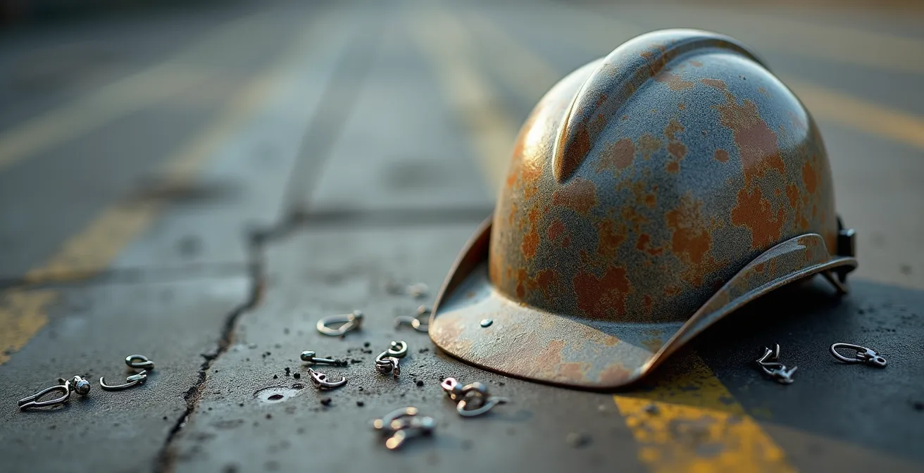 Close-up of safety certification documents and hard hat on construction surface