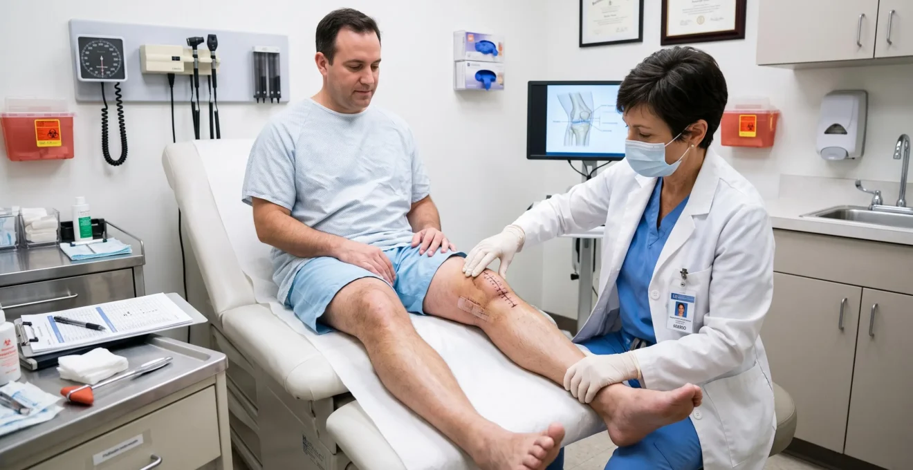 Medical professional conducting post-operative knee examination to assess healing progress and detect potential complications