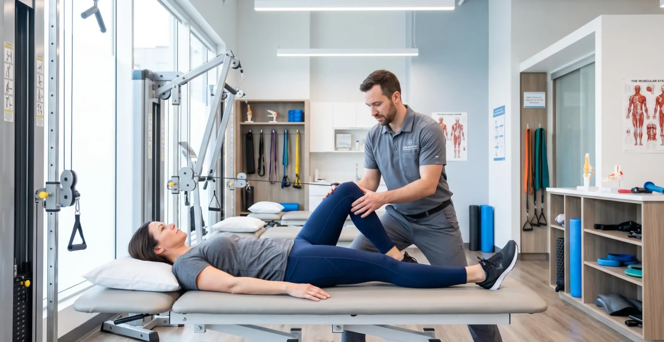 Patient working with physiotherapist on knee rehabilitation exercises in modern medical facility with professional equipment