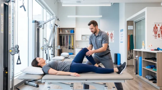 Patient working with physiotherapist on knee rehabilitation exercises in modern medical facility with professional equipment