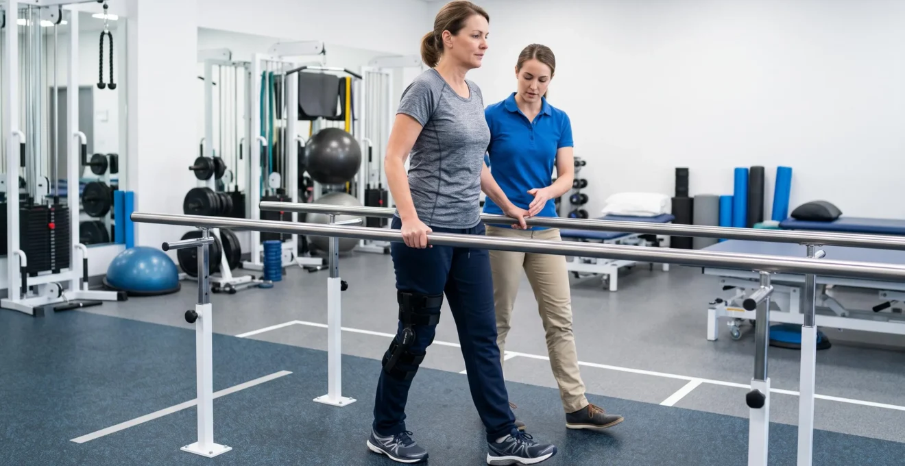 Patient performing supported walking exercise on parallel bars during knee surgery recovery physiotherapy